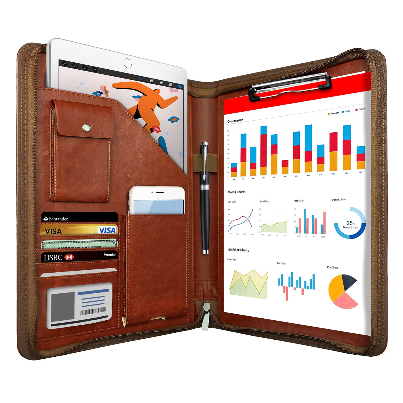 Zippered Padfolio Organizer, WRIYES Leather Planner Binder, 10.2 Inch Portfolio Folder for Documents, Letter Size Business Card Holder for Men&Women (Brown)