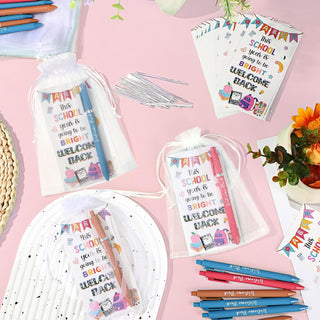 Marspark 30 Set Welcome Back to School Gifts Bulk Ballpoint Pens and Greeting Cards Set with Bags Twist Ties Composition First Day of School Gifts for Teacher Student Classroom Party Favors Supplies