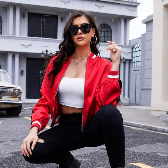 Zando Bomber Jacket Women 2025 - Lightweight Cropped Jacket Zip Up Casual Striped Women Jackets Trendy Outerwear with Pockets - hover image