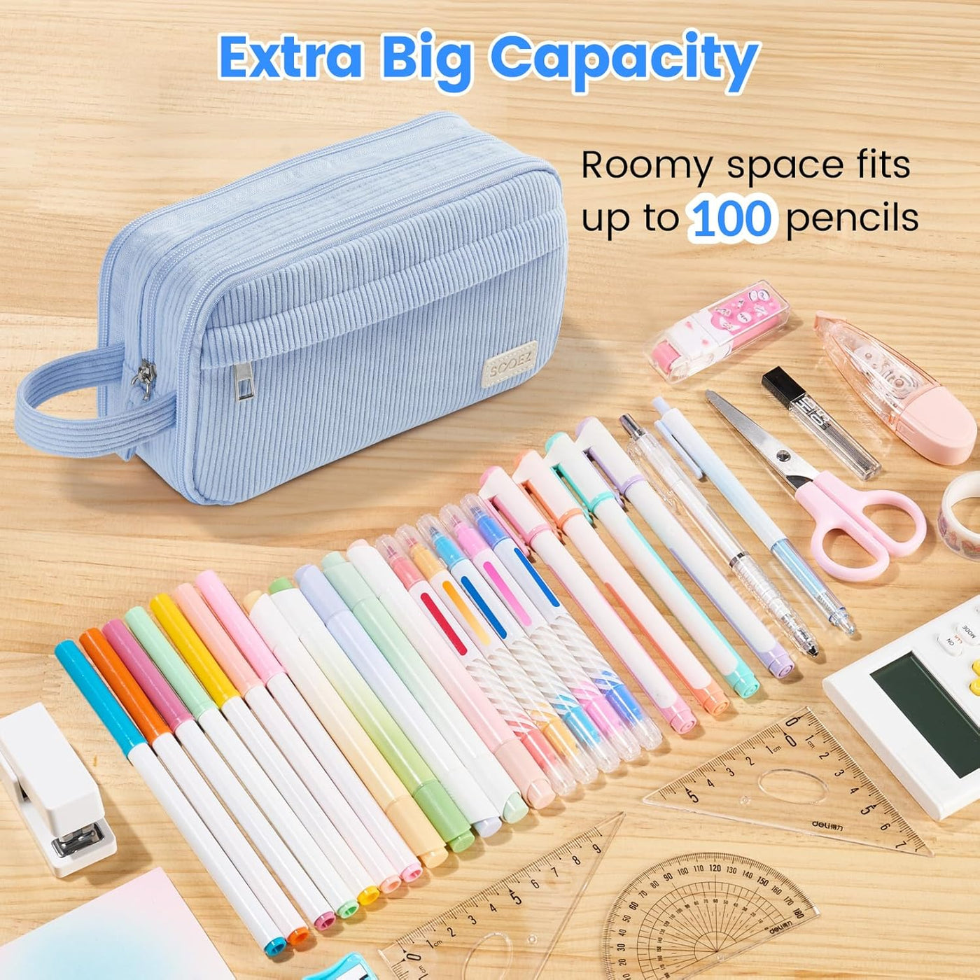 Sooez High Capacity Pencil Case, Soft Corduroy Pencil Pouch with 4 Compartments, Multiple Pockets, Large Pencil Bag with Sturdy Zipper, Cute Pencil Case Pouch Organizer for Student Teen Girls, Blue