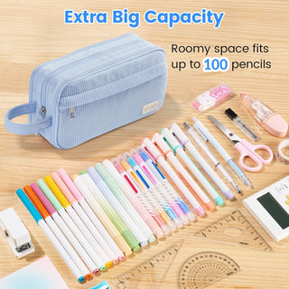 Sooez High Capacity Pencil Case, Soft Corduroy Pencil Pouch with 4 Compartments, Multiple Pockets, Large Pencil Bag with Sturdy Zipper, Cute Pencil Case Pouch Organizer for Student Teen Girls, Blue