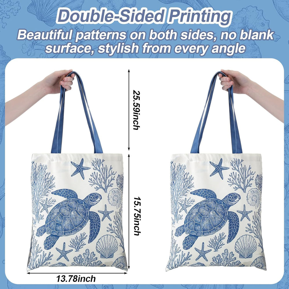 Reginary 6 Pcs Coastal Canvas Tote Bags with Pocket Summer Beach Themed Gifts Blue Seashell Starfish Conch Coral Pattern