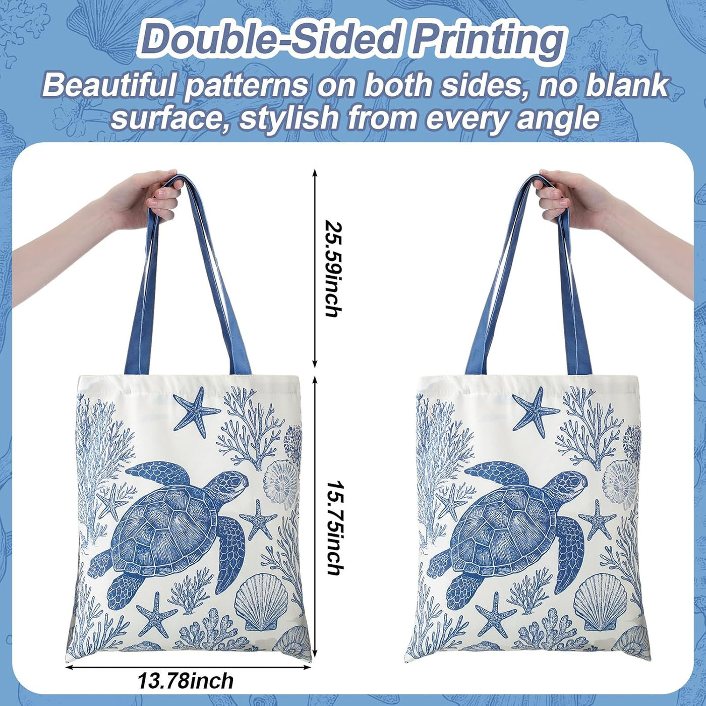 Reginary 6 Pcs Coastal Canvas Tote Bags with Pocket Summer Beach Themed Gifts Blue Seashell Starfish Conch Coral Pattern