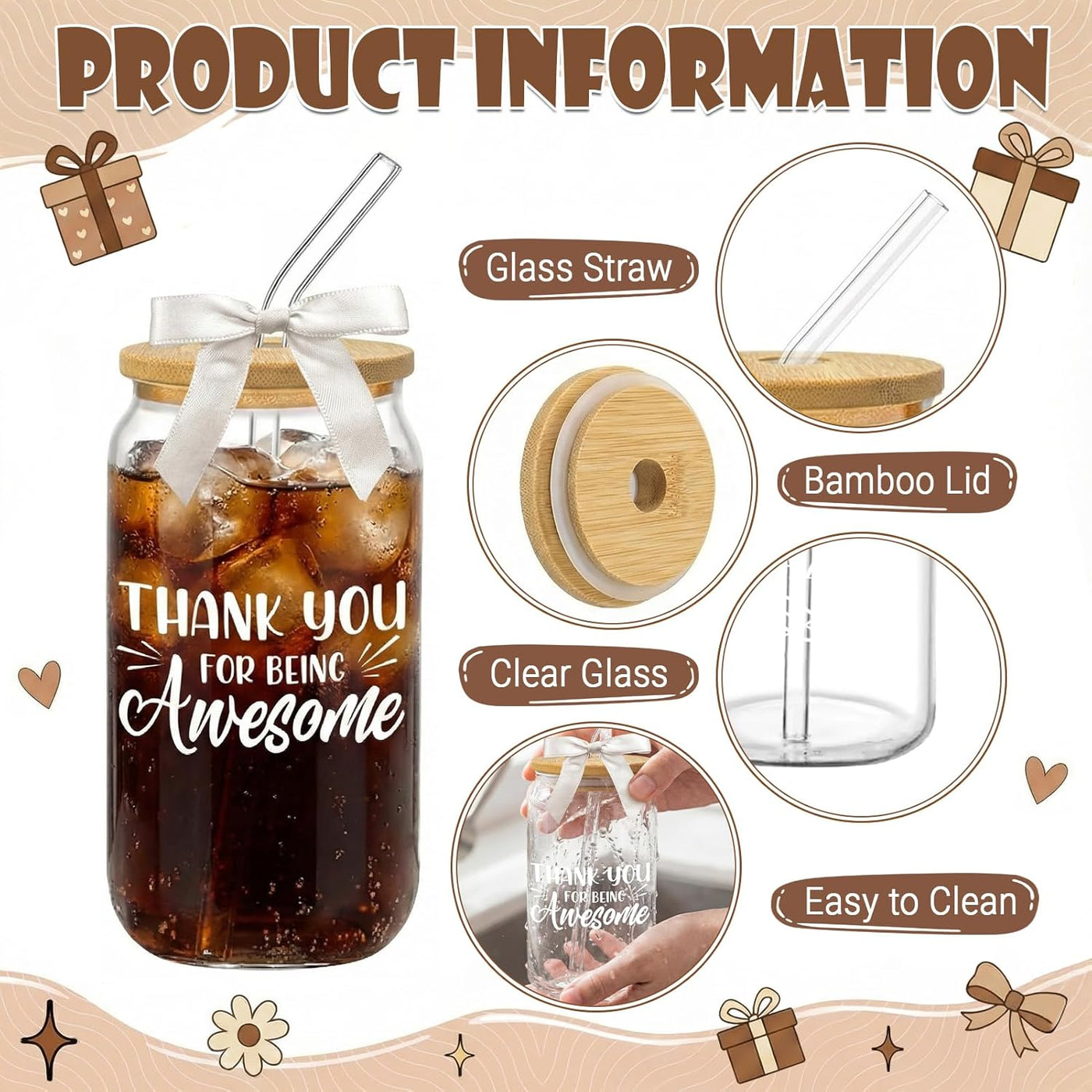 6Pcs Thank You Gifts Glass Cups with Lids and Straws 16oz Employee Appreciation Drinking Glasses Cups Thank You Iced Coffee Cup Tumbler Gifts for Employee Staff Coworkers Teachers Nurse