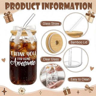 6Pcs Thank You Gifts Glass Cups with Lids and Straws 16oz Employee Appreciation Drinking Glasses Cups Thank You Iced Coffee Cup Tumbler Gifts for Employee Staff Coworkers Teachers Nurse