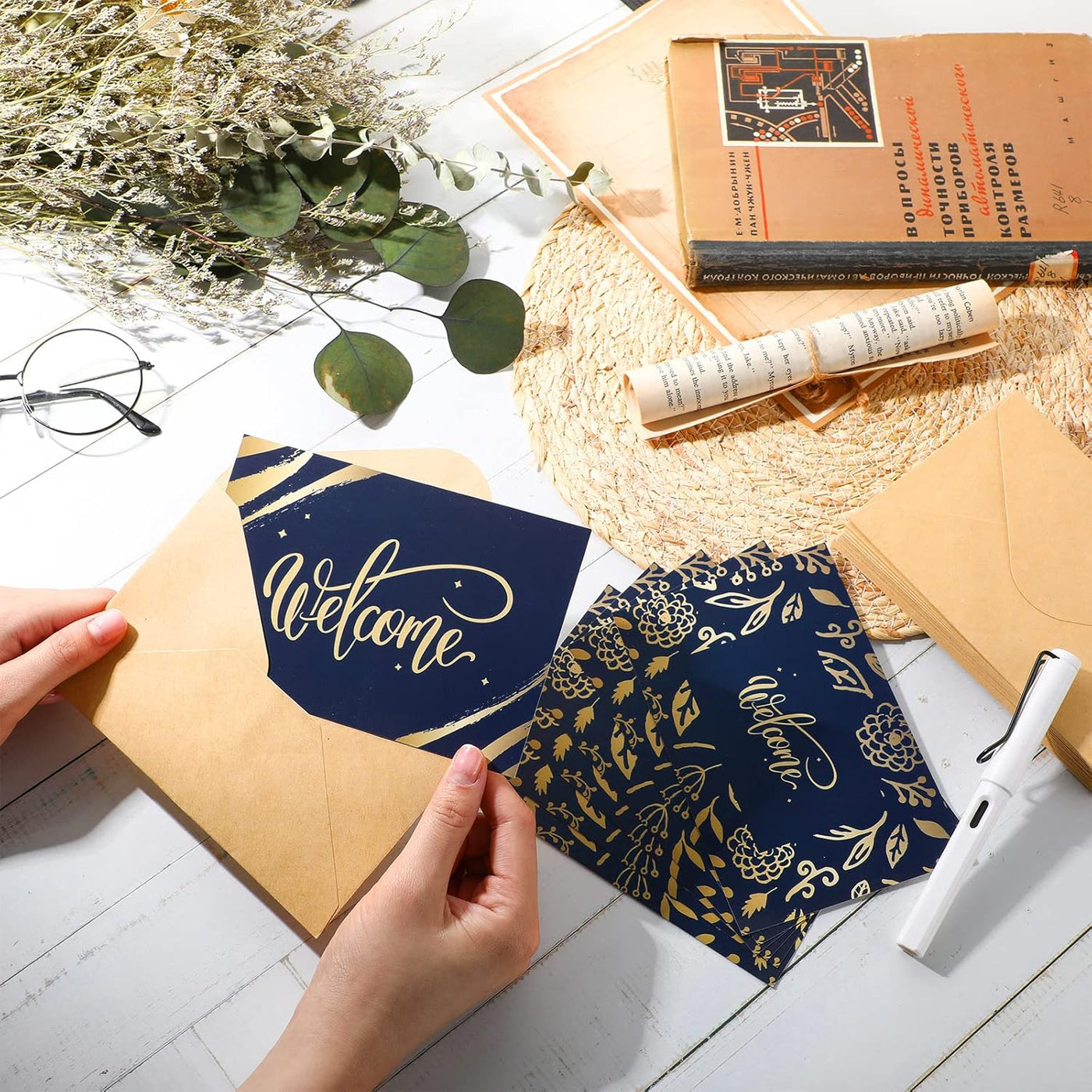 Fumete 48 Sets Welcome Cards Bulk with Kraft Envelopes and Stickers for Guest Employee Greeting Cards Assorted Paper for Birthday Business Wedding New Home Baby Shower(Blue)