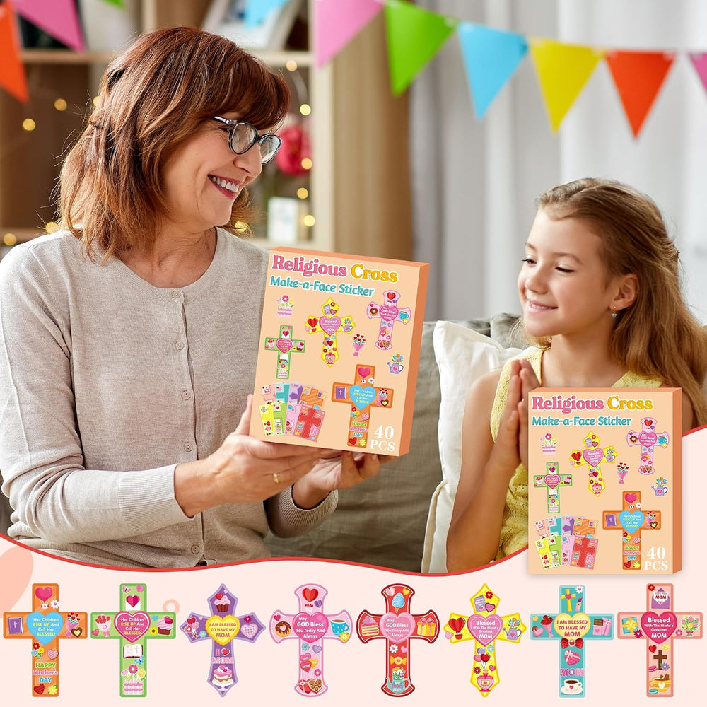 CY2SIDE Mothers Cross Stickers Sheet - 40PCS Make A Best Mom Cross Face Sticker with Heart Flower for Kid, DIY Religious Gift Craft Sticker Game Party Favor for Christian Sunday School Home Project