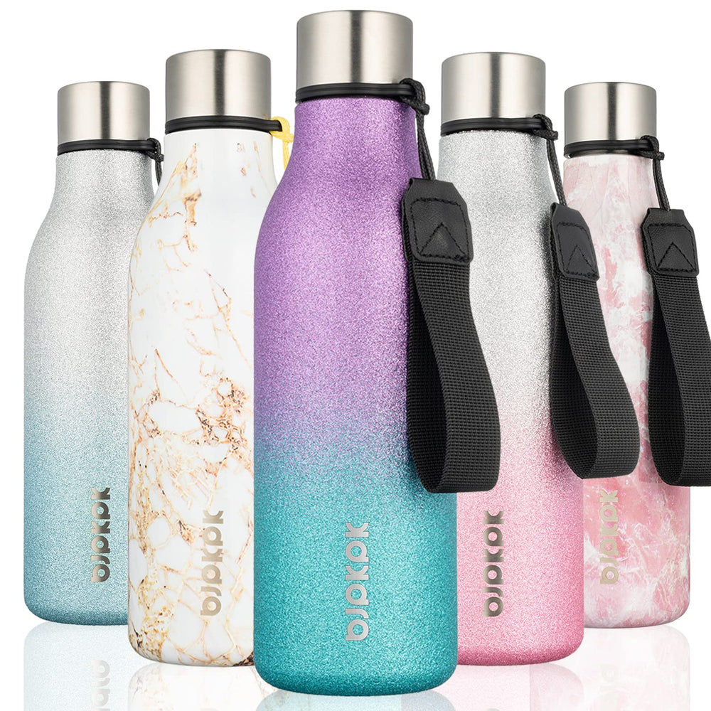 BJPKPK Insulated Water Bottles, 18 oz Stainless Steel Metal Water Bottle with Strap, BPA Free Leak Proof Jugs, Mugs, Flasks, Reusable Thermal Flasks for Sports & Travel, Orange