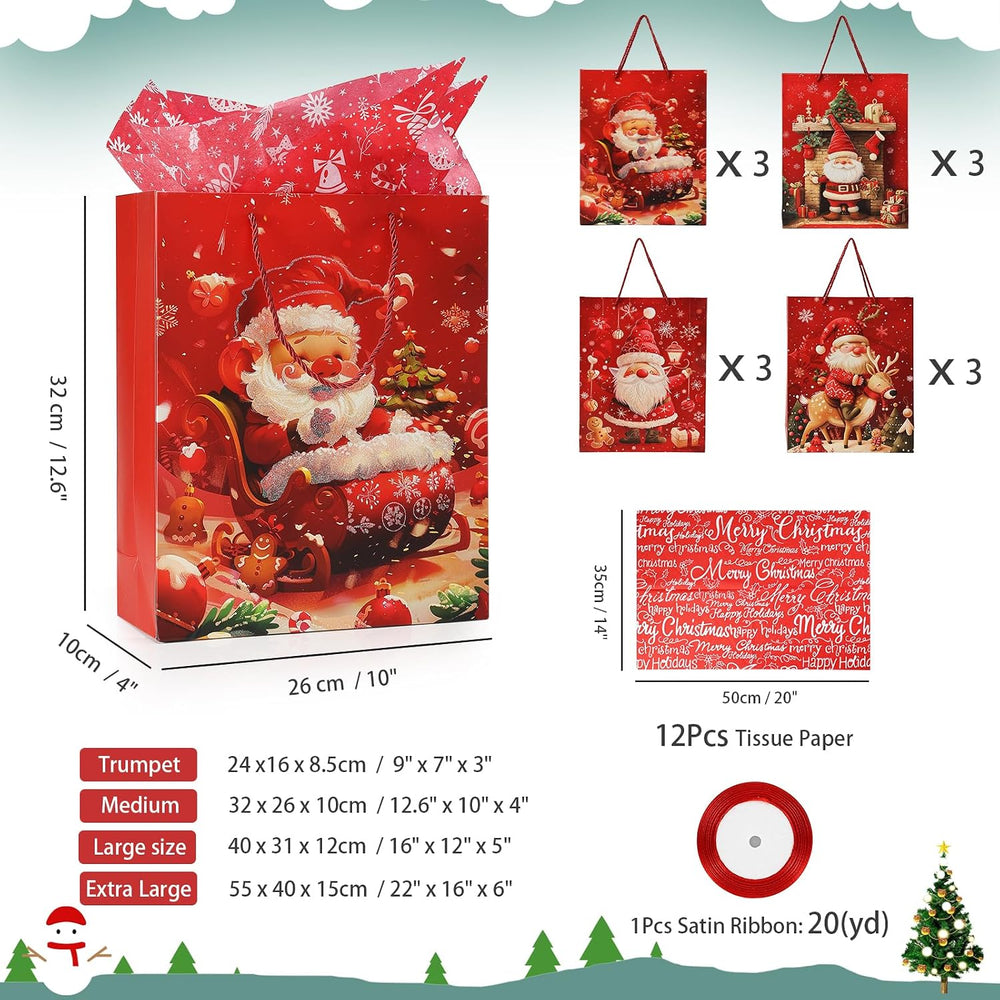 Rusikia 12 Christmas Gift Bags with 12 Tissues and 1 Satin Ribbon - Large | Party Favor Bags, Bulk with Handles,Glittery Cute Tree Father Christmas Paper Bag, for Wrapping Holiday, Red, 16"x12"x5"