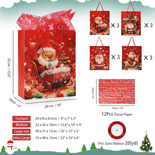 Rusikia 12 Christmas Gift Bags with 12 Tissues and 1 Satin Ribbon - Large | Party Favor Bags, Bulk with Handles,Glittery Cute Tree Father Christmas Paper Bag, for Wrapping Holiday, Red, 16"x12"x5"