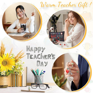 Umigy 24 Pcs Teacher Appreciation Gift Bulk 12 oz End Year of Teacher Black Wine Tumblers Graduation Thank You Gift 8 Rainbow Makeup Bag 8 Apple Shaped Keychain 8 Mug Cups for Women School (Bright)
