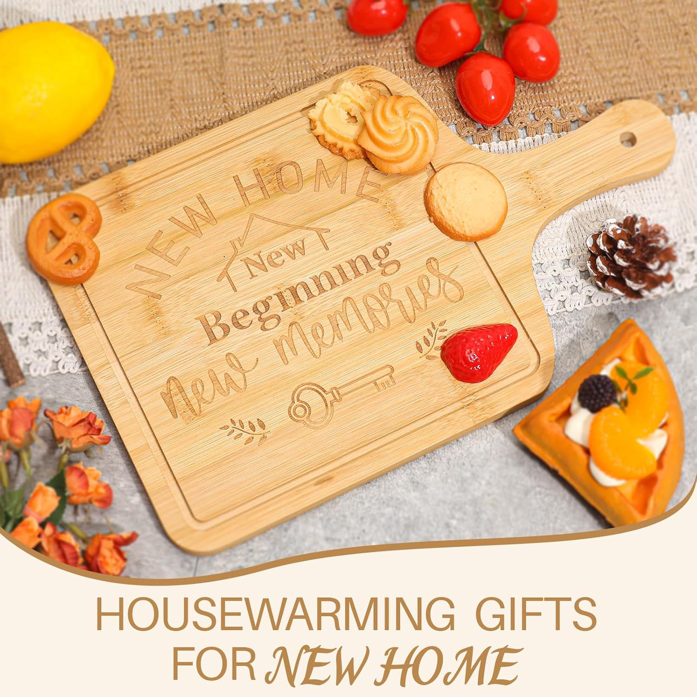 Housewarming Gifts for New Home, Gift Basket with 12oz Couple Tumblers, Pizza Cutting Board, Kitchen Utensil Set, Dish Towels & Key Holder – New Home Gifts for Couples, Realtor Closing Gifts