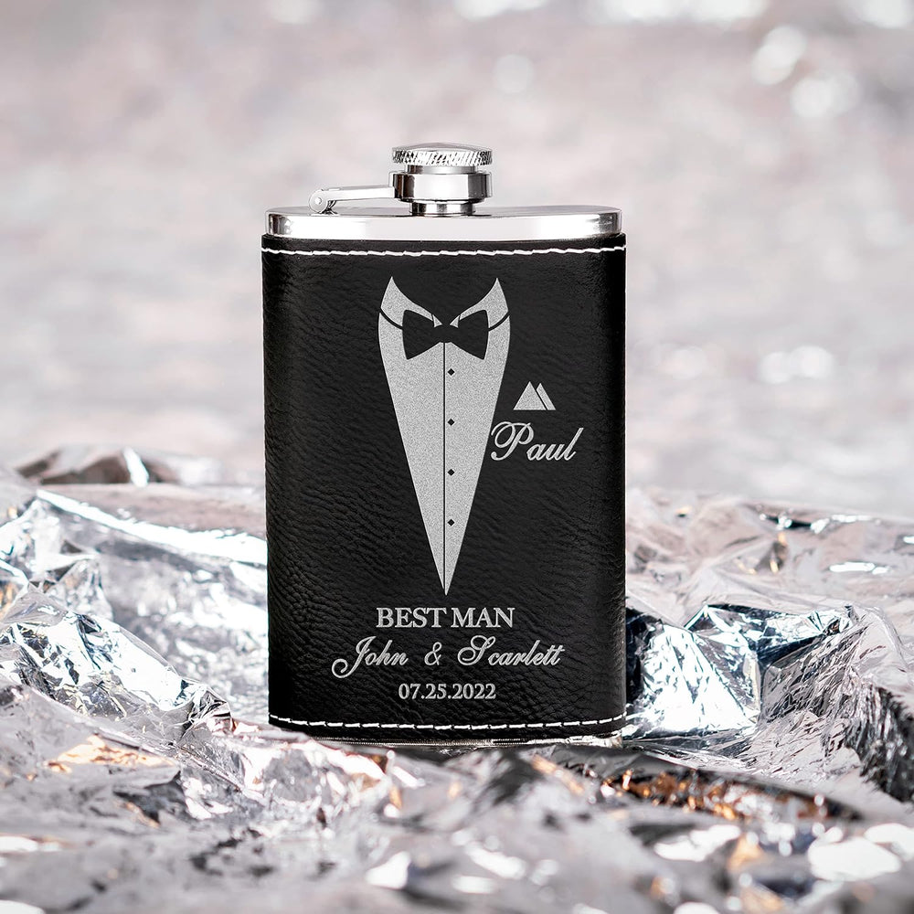 Groomsmen Gifts, Personalized Hip Flasks, Groomsmen Proposal, 6 Oz Engraved Leatherette Flasks for Men, Best Man Gifts for Wedding, Groomsmen Gifts for Wedding - Black #2