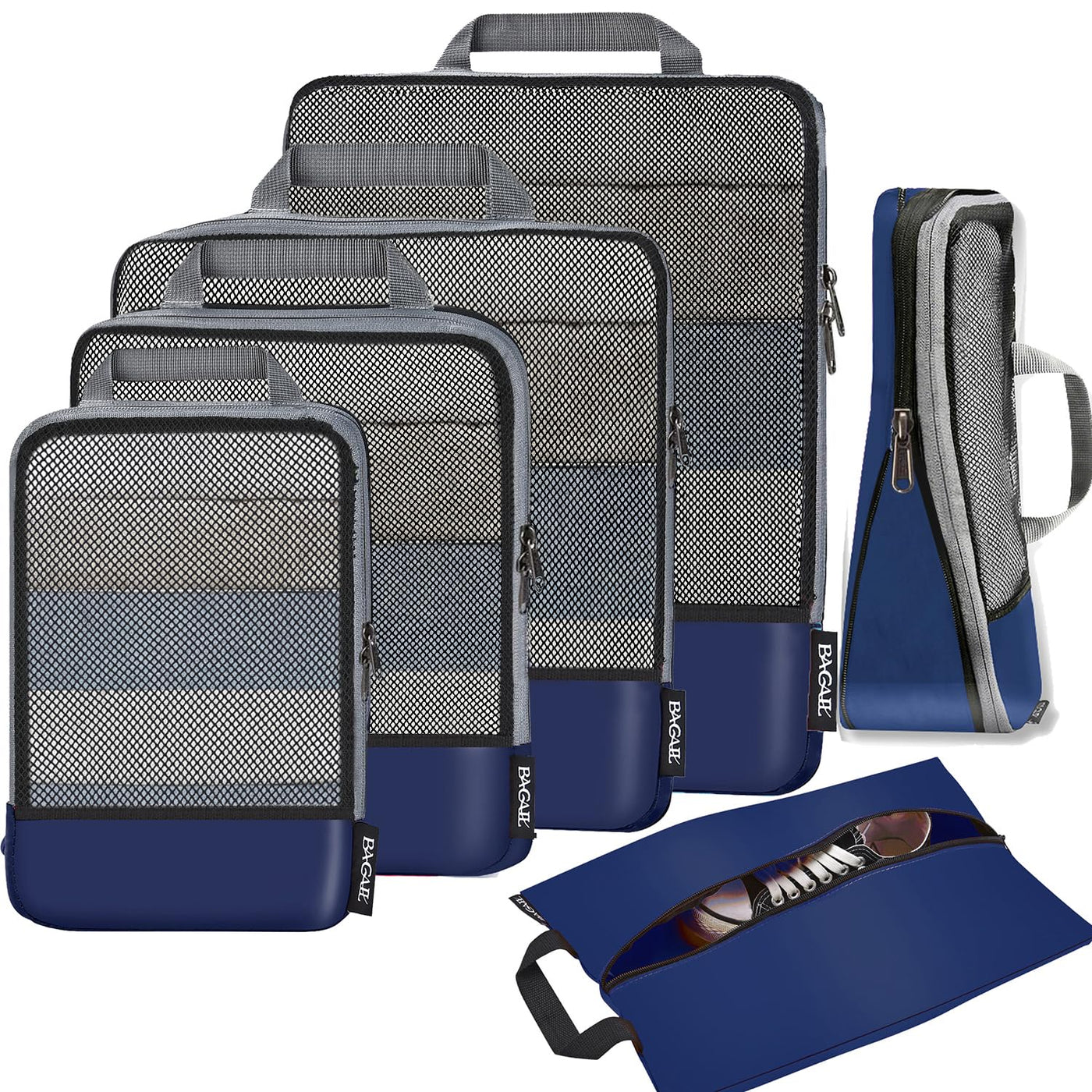 BAGAIL 4 Set/6 Set/8 Set Compression Packing Cubes Travel Accessories Expandable Packing Organizers (Half Mesh, 6-Black)