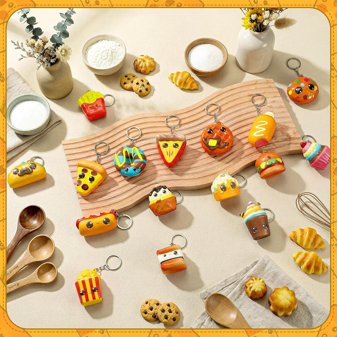 16 Pcs Squeeze Keychains Gifts Bulk, Cute Slow Rise Stress Hamburger Popcorn Taco Ice Cream Pizza Smore Kawaii Food Keychains for Birthday Party Favors