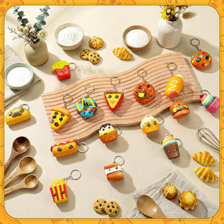 16 Pcs Squeeze Keychains Gifts Bulk, Cute Slow Rise Stress Hamburger Popcorn Taco Ice Cream Pizza Smore Kawaii Food Keychains for Birthday Party Favors