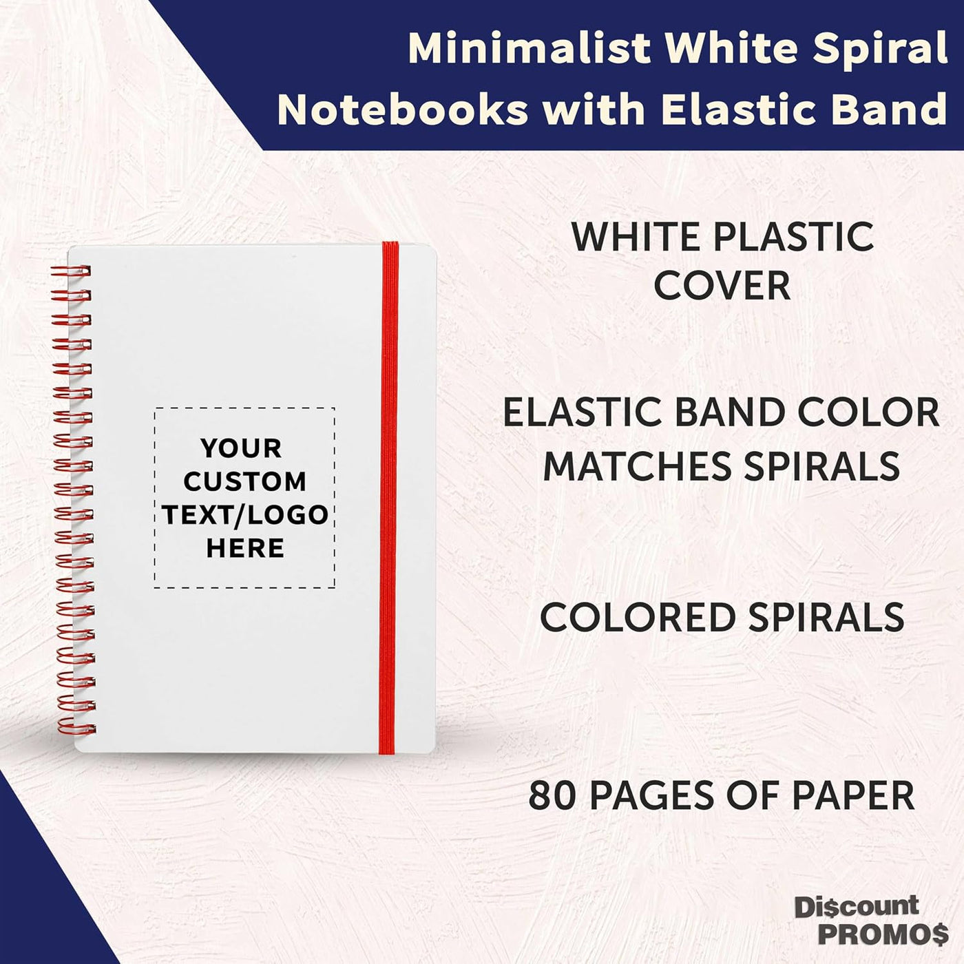 DISCOUNT PROMOS Personalized Custom White Spiral Notebook with Elastic Band Pack – 10/50/100 Pack, Customizable Text & Logo, 80 Lined Pages, Recycled Paper – Red