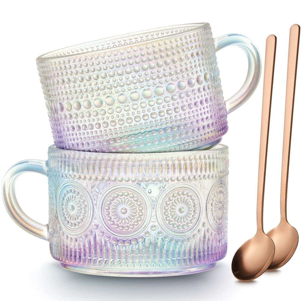 Mfacoy Vintage Coffee Mugs Set of 2, 14 oz Embossed Glass Cups with Handle, Clear Cups for Cappuccino, Latte, Cereal, Yogurt, Milk, Hot or Cold Beverages