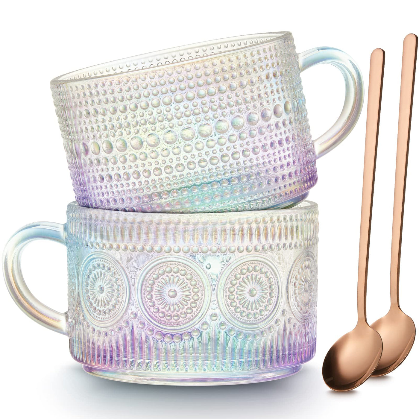 Mfacoy Vintage Coffee Mugs Set of 2, 14 oz Embossed Glass Cups with Handle, Clear Cups for Cappuccino, Latte, Cereal, Yogurt, Milk, Hot or Cold Beverages