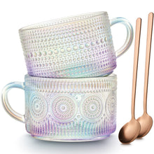 Mfacoy Vintage Coffee Mugs Set of 2, 14 oz Embossed Glass Cups with Handle, Clear Cups for Cappuccino, Latte, Cereal, Yogurt, Milk, Hot or Cold Beverages