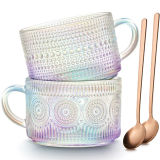 Mfacoy Vintage Coffee Mugs Set of 2, 14 oz Embossed Glass Cups with Handle, Clear Cups for Cappuccino, Latte, Cereal, Yogurt, Milk, Hot or Cold Beverages