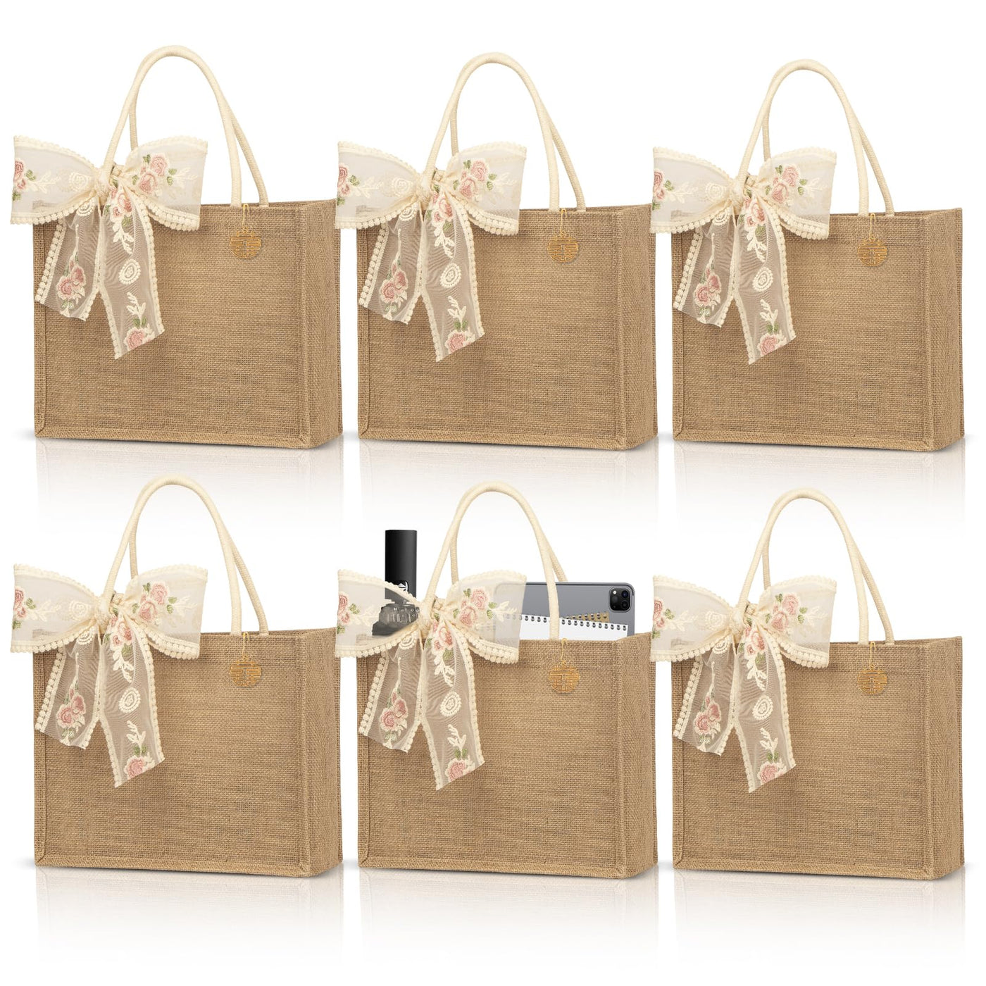 Burlap Jute Tote Bags with PE Lined Water-Resistant Interior, 13x9x5 Inch Reusable Bag for Beach,Shopping, Bridesmaid Gift