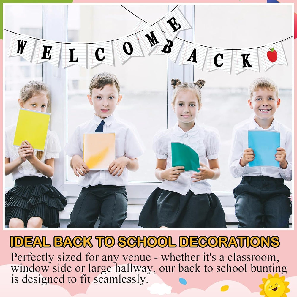 Mooliwe Classroom Decor DIY Banner, Welcome Back to School Party Supply Custom Hanging Bunting Garland Kit with Letters for First Day of School Ambience Celebration Decoration(White,Notebook)