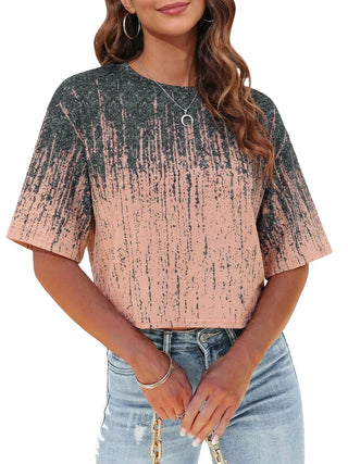 Tankaneo Women Half Sleeve Cropped T-Shirts Drop Shoulder Round Neck Crop Tops Casual Summer Solid Color Basic Tees