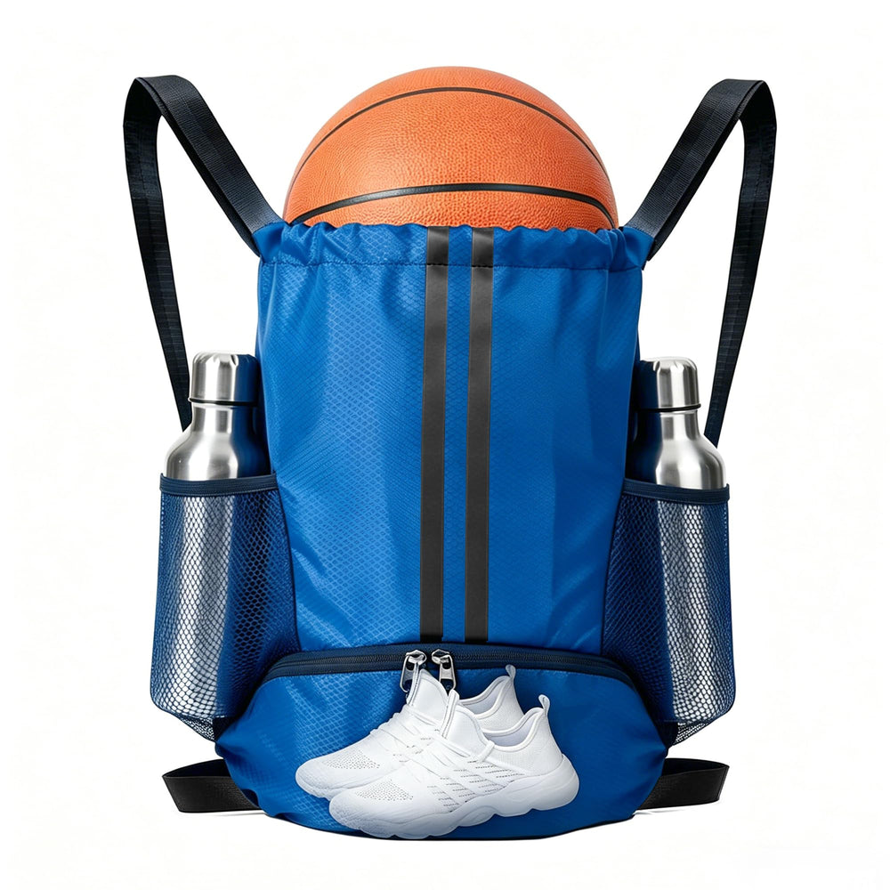 Sports Drawstring Backpack with Shoes Compartment, String Gym Bag with Wet Proof Pocket for Basketball, Soccer, Swim, Black Sport Bag for Men and Women