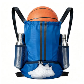 Sports Drawstring Backpack with Shoes Compartment, String Gym Bag with Wet Proof Pocket for Basketball, Soccer, Swim, Black Sport Bag for Men and Women