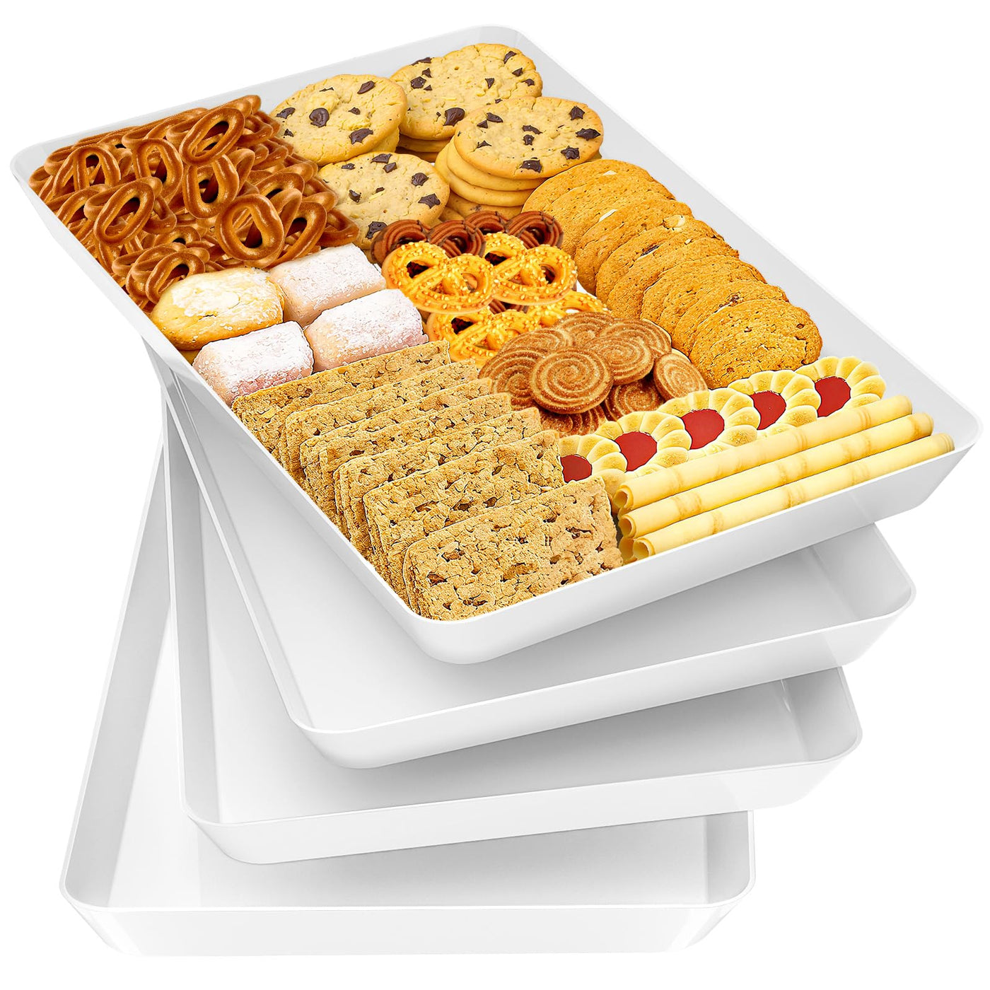 SpaceTrove 4-Pack Serving Tray Set, Reusable Plastic Serving Platter for Party Supplies, Entertaining, Grilling Accessories, Stackable Kitchen Snack Box Container for Dessert, Fruit, Cookie, (Black)