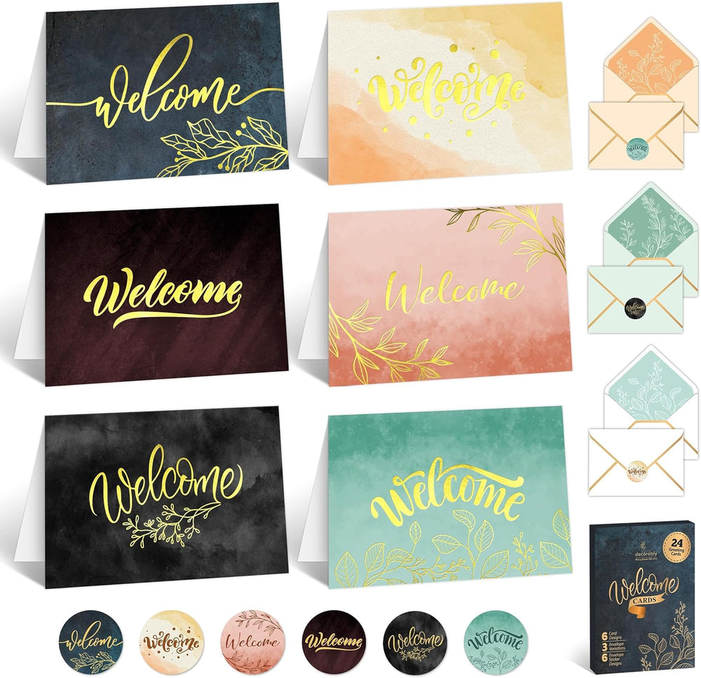 Decorably 24 Pack Gold Foil 6x4in Welcome Cards with Envelopes and Stickers, 6 Elegant Designs for New Employees, Guests, Team Members, Blank Inside - Housewarming, Office, Wedding, Gifting, Mailing