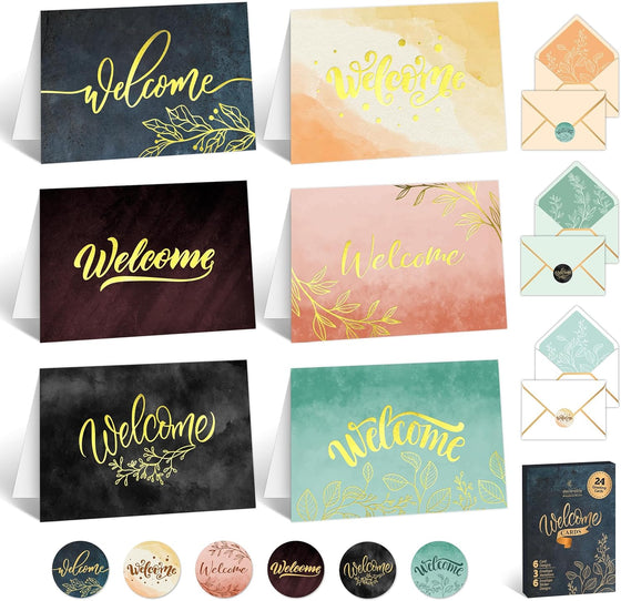 Decorably 24 Pack Gold Foil 6x4in Welcome Cards with Envelopes and Stickers, 6 Elegant Designs for New Employees, Guests, Team Members, Blank Inside - Housewarming, Office, Wedding, Gifting, Mailing