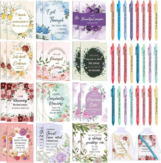 Mooliwe 24 Pcs Positive Affirmation Gift Set Gratitude Notebooks with Pens Small Bags Motivational Encouragement Notepads Daily Affirmations Journal for Women Stress Relief Self Care (Watercolor)