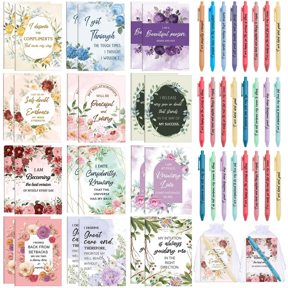 Mooliwe 24 Pcs Positive Affirmation Gift Set Gratitude Notebooks with Pens Small Bags Motivational Encouragement Notepads Daily Affirmations Journal for Women Stress Relief Self Care (Watercolor)