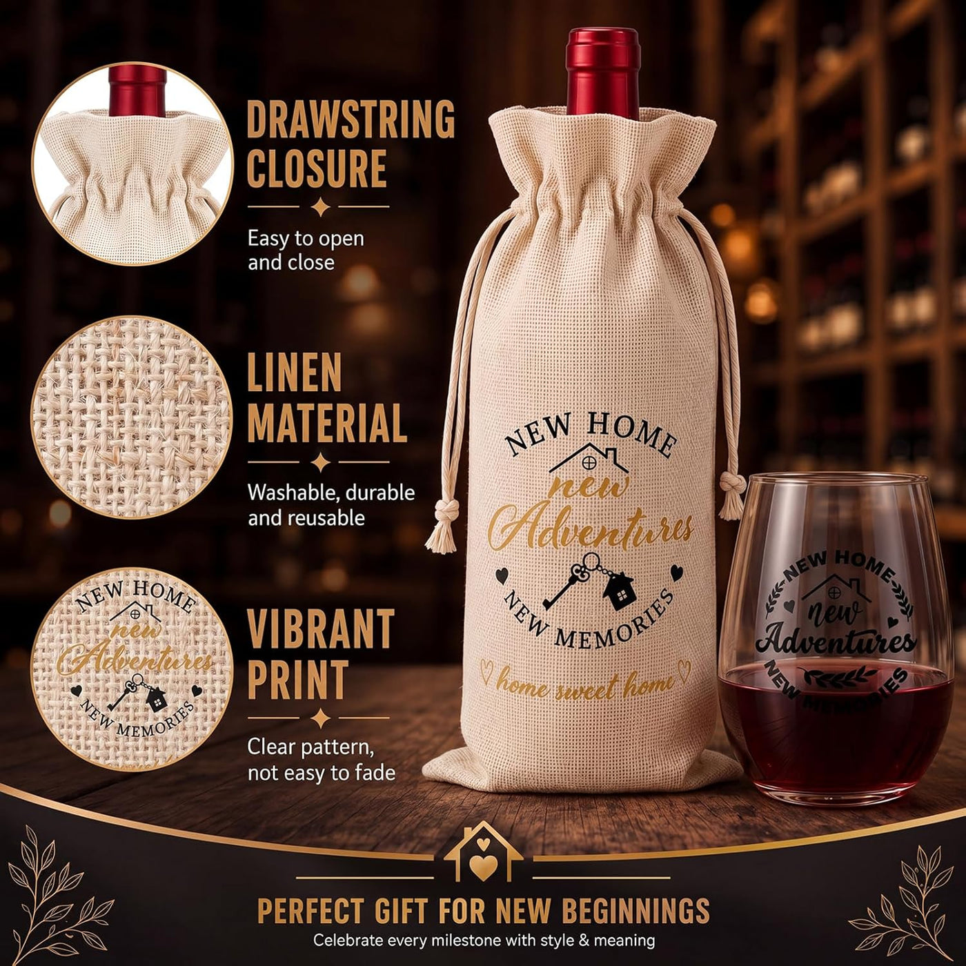 House Warming Gifts New Home - Housewarming Gift Baskets Wine Glasses Candle Bottle Bag Wine Opener and Stopper Card Home Buyer Closing Gift for Women Men Couple New House Apartment Presents