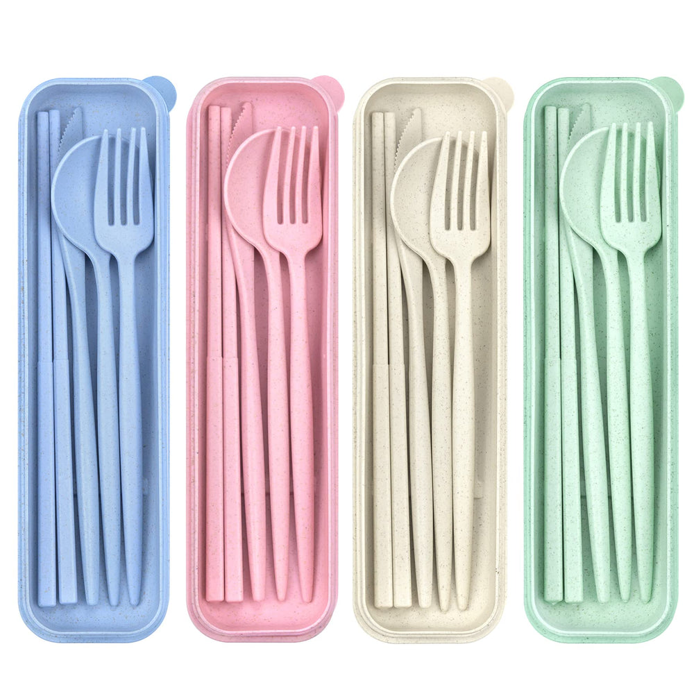 DISSKNIC Reusable Travel Utensils with Case, 4 Sets Wheat Straw Portable Cutlery Set Chopsticks Knives Fork and Spoon for Lunch Box Accessories, Camping Flatware Sets for Daily Use or Outdoor