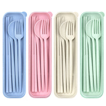 DISSKNIC Reusable Travel Utensils with Case, 4 Sets Wheat Straw Portable Cutlery Set Chopsticks Knives Fork and Spoon for Lunch Box Accessories, Camping Flatware Sets for Daily Use or Outdoor