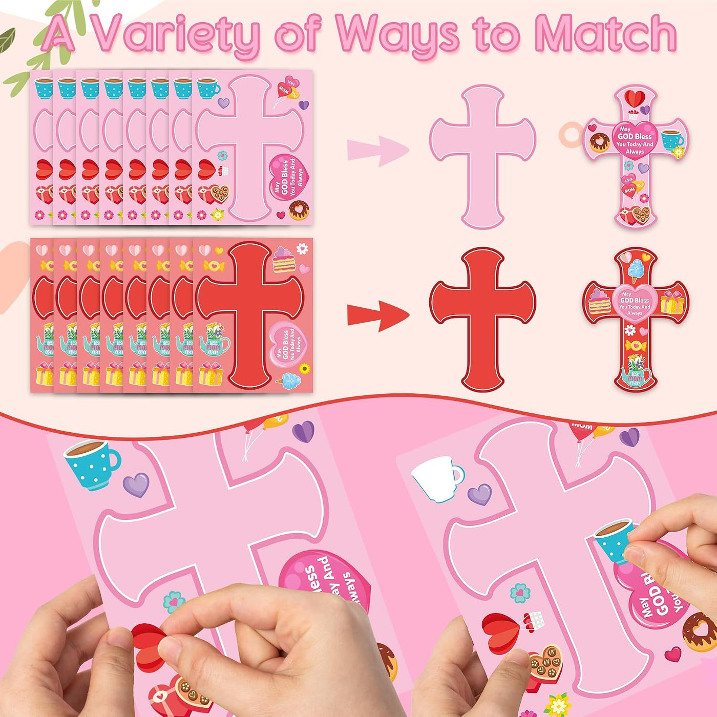 CY2SIDE Mothers Cross Stickers Sheet - 40PCS Make A Best Mom Cross Face Sticker with Heart Flower for Kid, DIY Religious Gift Craft Sticker Game Party Favor for Christian Sunday School Home Project