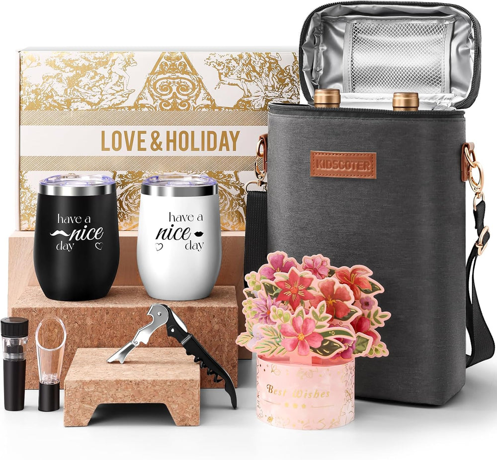Mr and Mrs Gifts for Couples, Wedding Anniversary Set with Custom Wine Tumblers & Tote, Wine Lovers Gifts for Him Her, Birthday, Mothers Day, Vow Renewal (Great Day-Have a Nice Day)