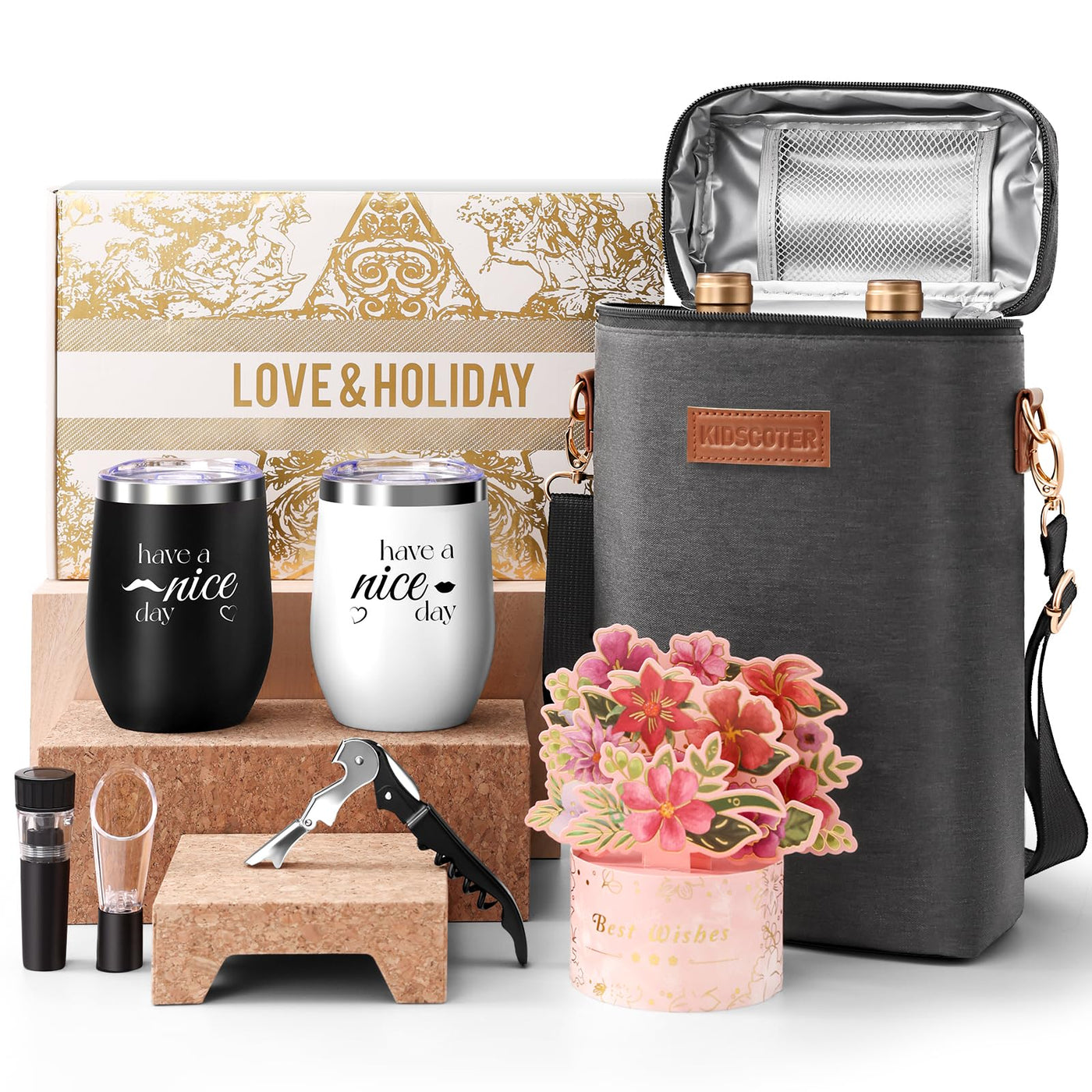 Mr and Mrs Gifts for Couples, Wedding Anniversary Set with Custom Wine Tumblers & Tote, Wine Lovers Gifts for Him Her, Birthday, Mothers Day, Vow Renewal (Great Day-Have a Nice Day)
