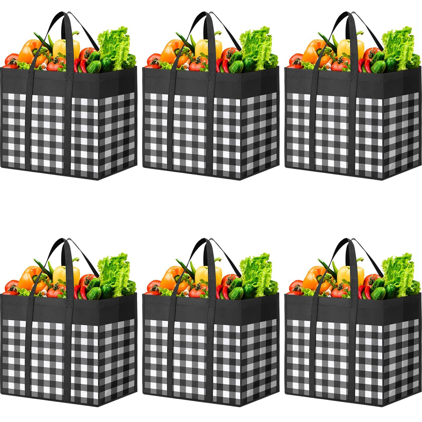 WOWBOX Reusable Grocery Bags,4-Pack, Foldable Reusable Shopping Tote Bags bulk with Reinforced Handles,Large Storage Bags with Water Resistant Coating for Groceries,Multipurpose,Black-White