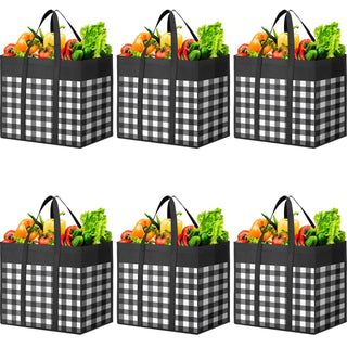 WOWBOX Reusable Grocery Bags,4-Pack, Foldable Reusable Shopping Tote Bags bulk with Reinforced Handles,Large Storage Bags with Water Resistant Coating for Groceries,Multipurpose,Black-White
