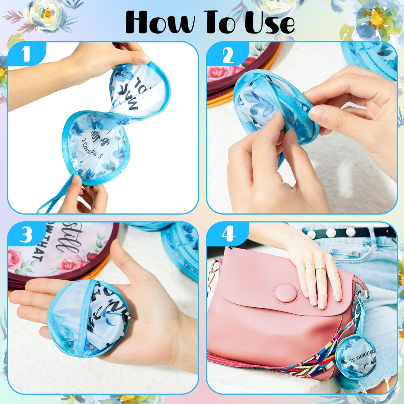 R HORSE 50Pcs Christian Church Folding Fan, Religious Flower Collapsible Handheld Hand Fan for Church Service, Christian Festival Decor Wedding Home Decoration Party Favors Summer Gift for Women Girl