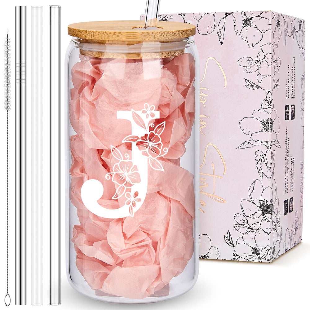 Personalized Tumbler, Monogrammed Can Glass Cups with Bamboo Lids and Straws, Customized Gifts for Women, Cute Design Initial Iced Coffee glasses, Custom Letter Mug, Birthday Bridesmaid, W