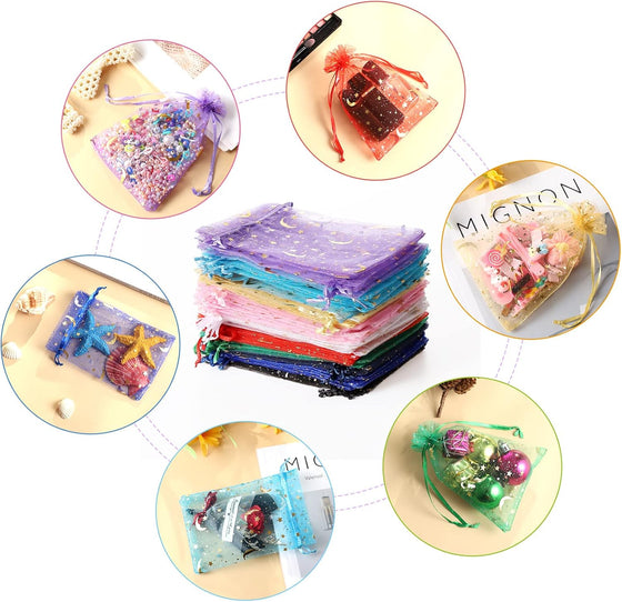 100PCS Moon Star Organza Bags, 4x6" Wedding Favors Bags with Drawstring, Mixed Color Little Mesh Gift Pouches Candy Organza Gift Bags for Party, Jewelry, Christmas, Mother's Day, Festival, Eid Mubarak Party Favor Bags - hover image