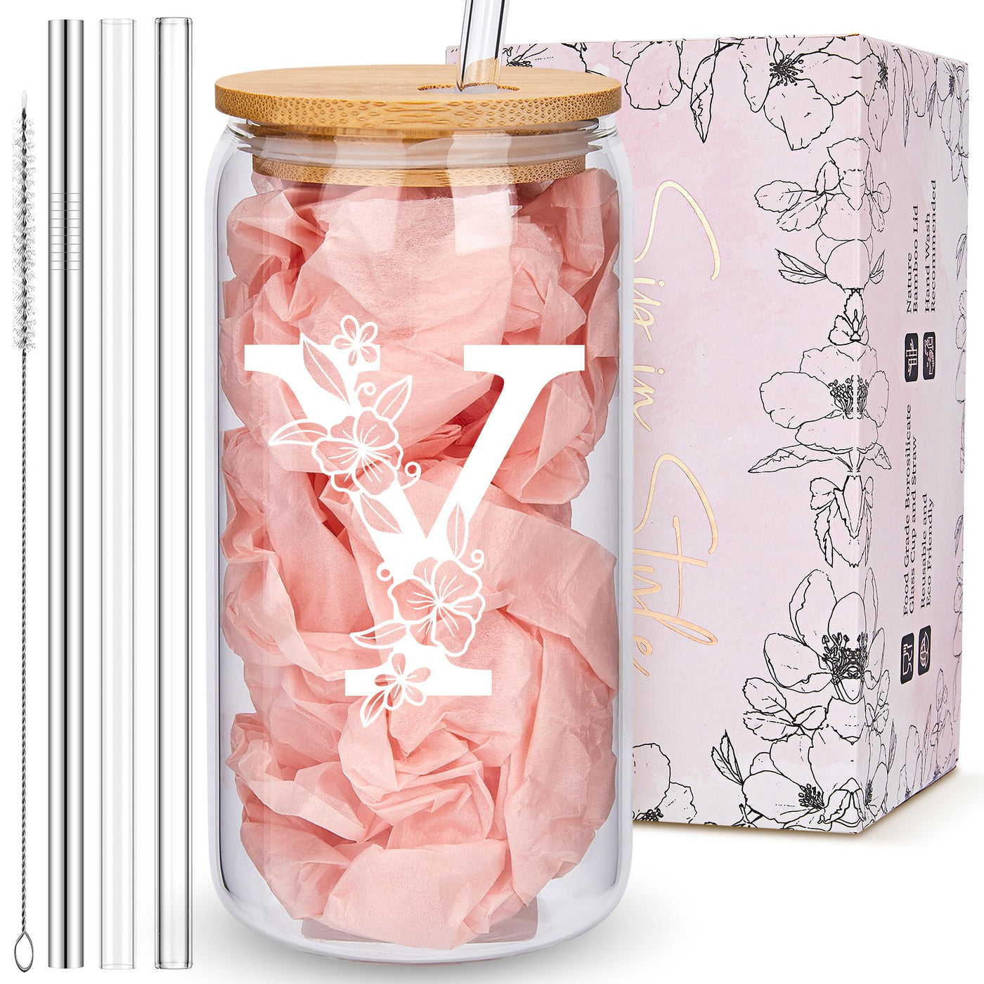 Personalized Tumbler, Monogrammed Can Glass Cups with Bamboo Lids and Straws, Customized Gifts for Women, Cute Design Initial Iced Coffee glasses, Custom Letter Mug, Birthday Bridesmaid, W