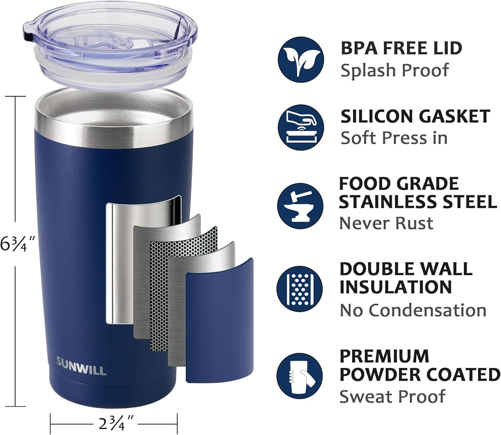 SUNWILL Travel Coffee Tumbler 20 oz, Insulated Mug with Lid, Stainless Steel Cup for Outdoor, Powder Coated Navy