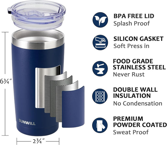 SUNWILL Travel Coffee Tumbler 20 oz, Insulated Mug with Lid, Stainless Steel Cup for Outdoor, Powder Coated Navy - hover image