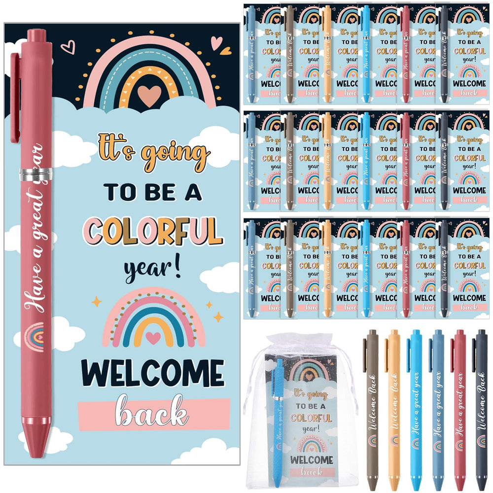 Marspark 30 Set Welcome Back to School Gifts Bulk Ballpoint Pens and Greeting Cards Set with Bags Twist Ties Composition First Day of School Gifts for Teacher Student Classroom Party Favors Supplies